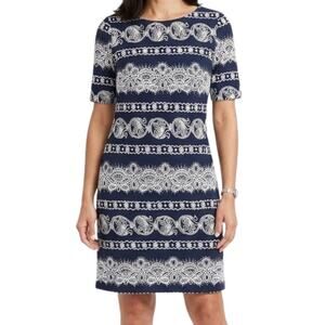 R&K Navy Blue White Lace Accents Shift Knee Length Dress Size 12 Professional